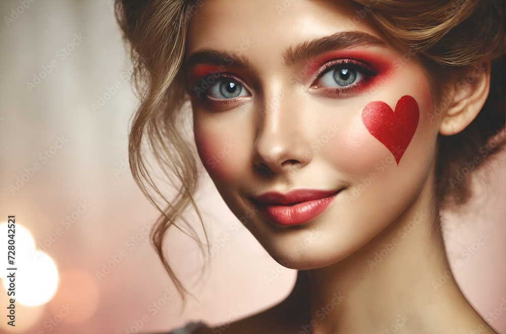 a young, beautiful woman with a red heart painted on her cheek a young, beautiful woman with a red heart painted on her cheek