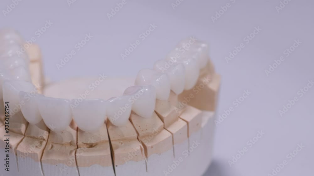 Artificial jaw mold with dental crowns, rotating on white background