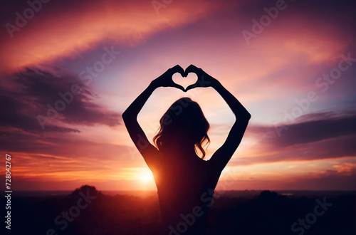 a female silhouette with raised hands forming a heart shape against the sky