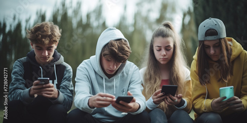 Group of teenage friends using smart mobile phones. Teenagers addiction to new technology trends photo