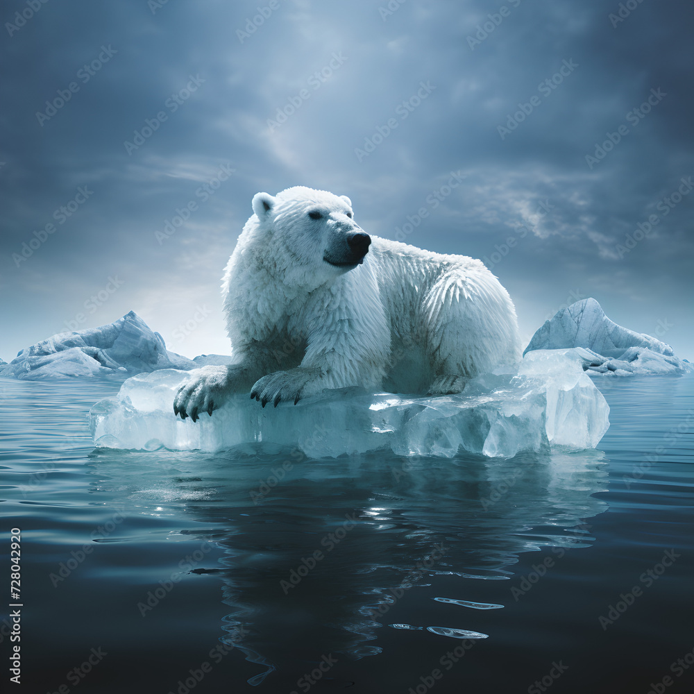 abstract picture of polar bear (ice bear) on small ice floe floating in ...