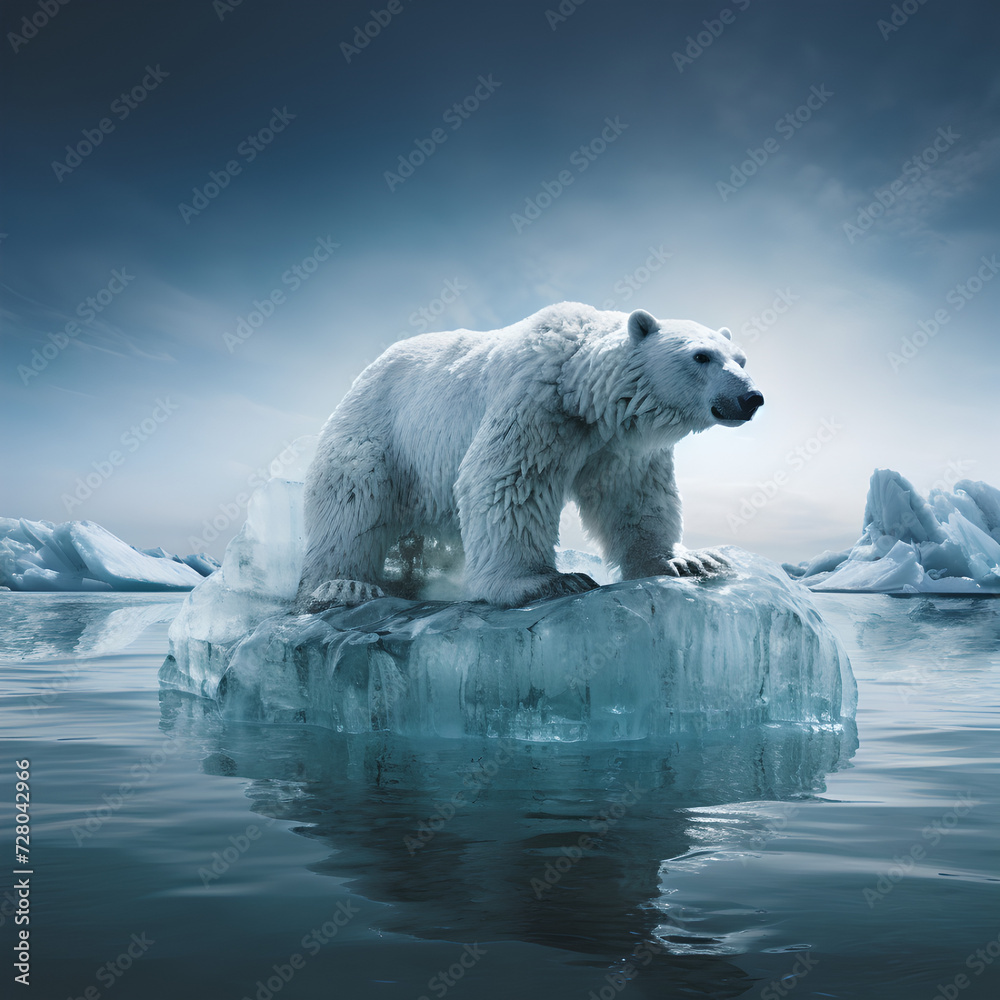 abstract picture of polar bear (ice bear) on small ice floe floating in ...