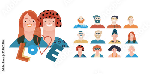 Valentine: Spectrum of Love - modern flat vector concept illustration of a vibrant array of individual portraits celebrating love's diverse expressions. Metaphor for the universal language of love