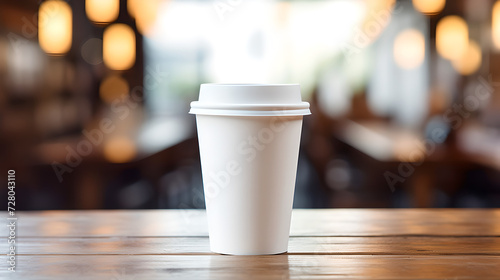 close up of neat white paper coffee cup   medium size  on table - blur background