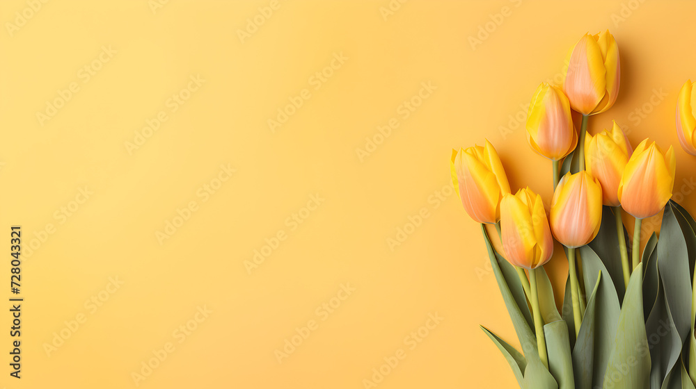 bunch of yellow and orange tulips flowers on decent light orange pastel background - the background offers space for text bunch of yellow and orange tulips flowers on decent light orange pastel background - the background offers space for text