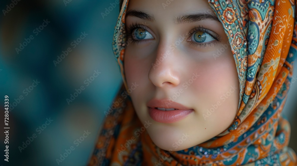 A beautiful Muslim woman with an orange headscarf. International Day to Combat Islamophobia.