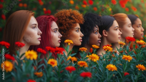 Women lined up in a flower garden. The strength and resilience of women around the world. International Women's Day. photo