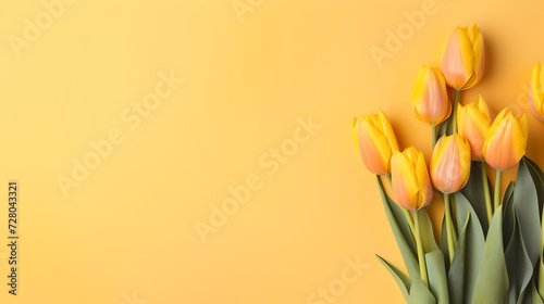 bunch of yellow and orange tulips flowers on decent light orange pastel background - the background offers space for text