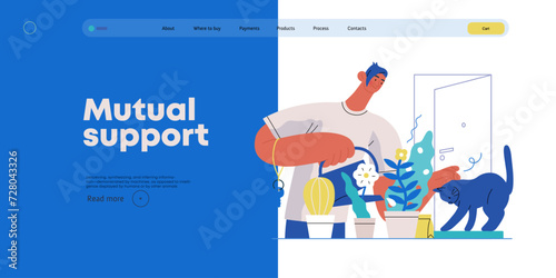 Mutual Support: Look after neighbor's house -modern flat vector concept illustration of man watering plants, looking after neighbors' cat A metaphor of voluntary, collaborative exchanges of services