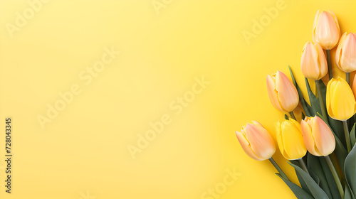 beautiful bunch of ember, yellow tulips flowers on decent light yellow background - the background offers lots of space for text	 photo