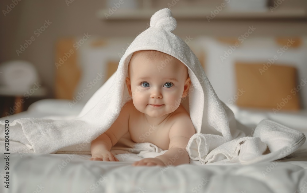 Six month baby wearing towel after bath. Childhood and baby care concept Six month baby wearing towel after bath. Childhood and baby care concept