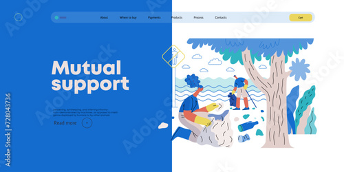 Mutual Support: Cleaning up trash, Garbage collection -modern flat vector concept illustration of people collecting trash on the beach A metaphor of voluntary, collaborative exchanges of resource