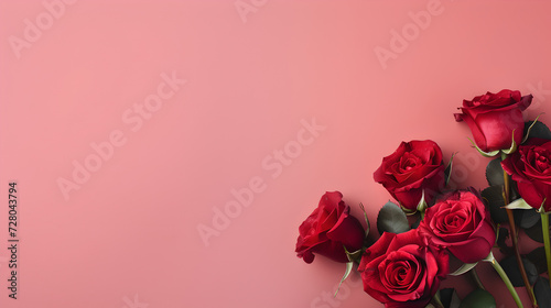 close up of beautiful red roses flowers on decent light red background - the empty background offers lots of space for text