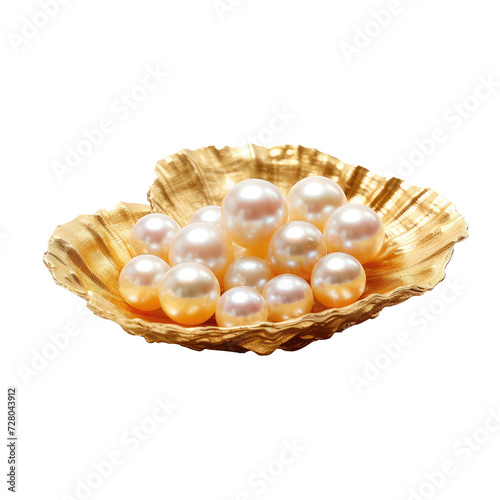 Golden pearls in golden oyster shell on white or transparent background