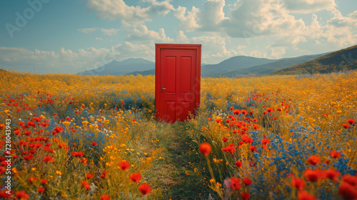 Old retro wooden doors situated in an open meadow filled with fresh blooming flowers in springtime, on a beautiful sunny day with blue skies and clouds.