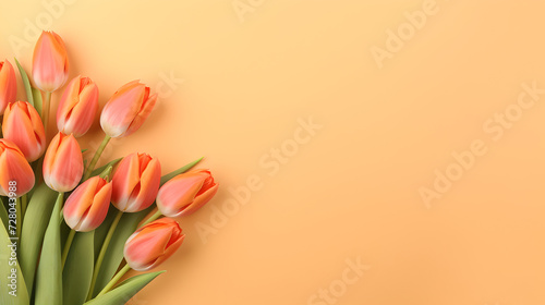 orange tulips flowers on decent light orange pastel background - the background offers lots of space for text	 photo