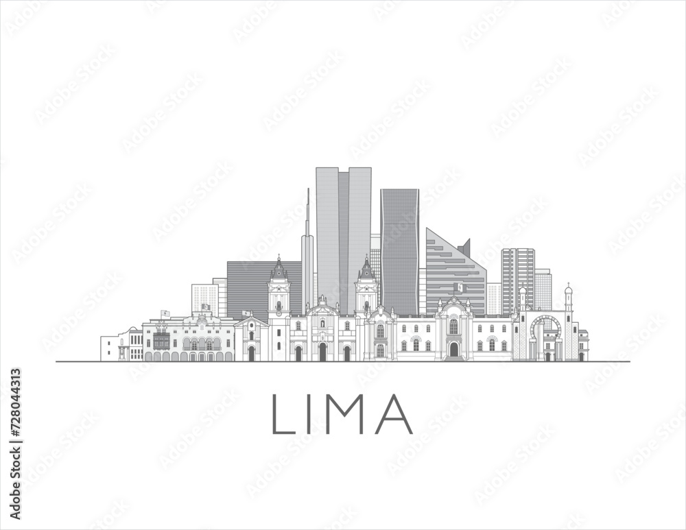Lima, Peru cityscape line art style vector illustration in black and white