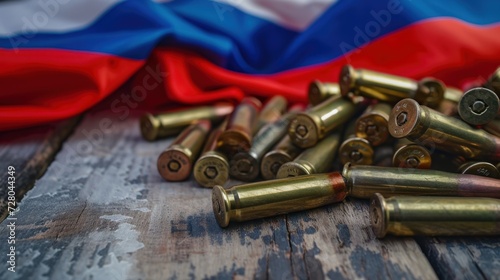 A Pile of Bullet Shells on a Wooden Table in front of Russian flag, aggressor and geopolitics concept photo
