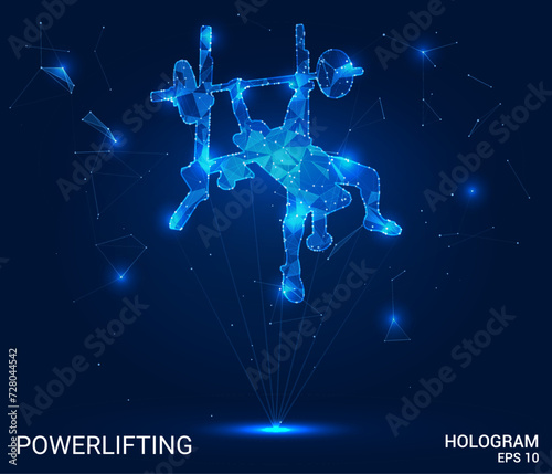 Hologram powerlifting. A bodybuilder trains, presses a barbell from the chest, lifting, vector image. Powerlifting for the gym.