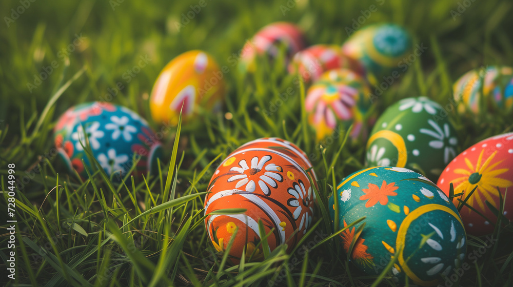 Decorated and painted easter eggs laying in the grass. Eggs in field with colorful patterns. Peace, nature and easter theme. Decorated and painted easter eggs laying in the grass. Eggs in field with colorful patterns. Peace, nature and easter theme.