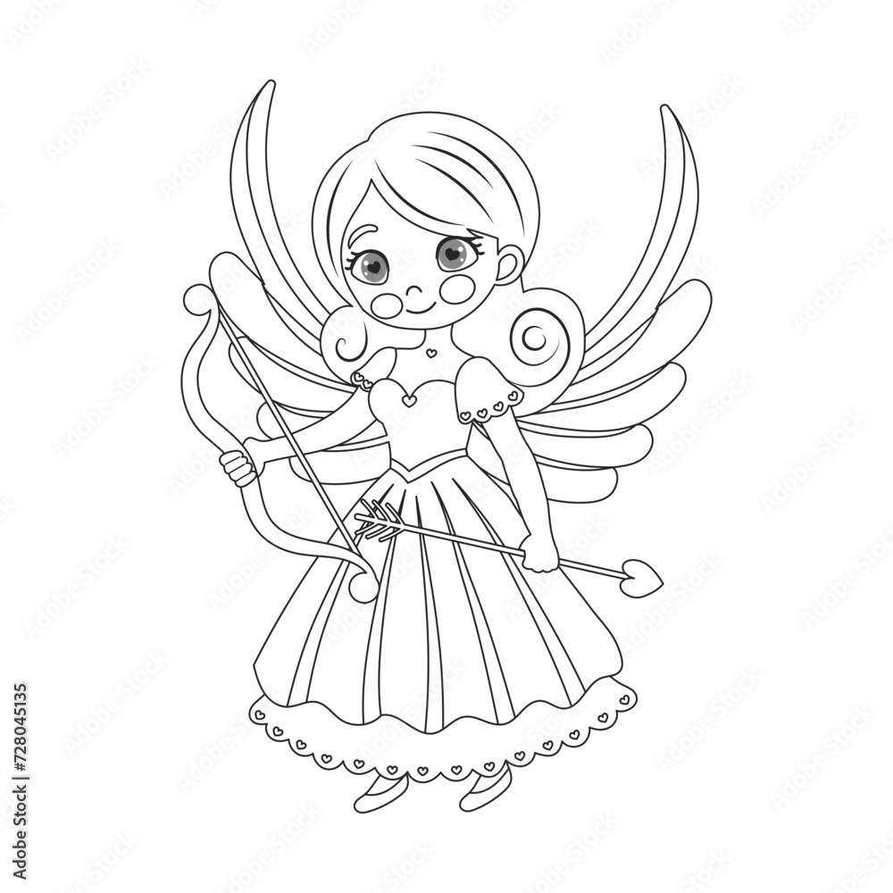 Cute cupid girl with bow and arrow, angel girl, cherub princess. Linear drawing for coloring book, sketch. Vector Cute cupid girl with bow and arrow, angel girl, cherub princess. Linear drawing for coloring book, sketch. Vector