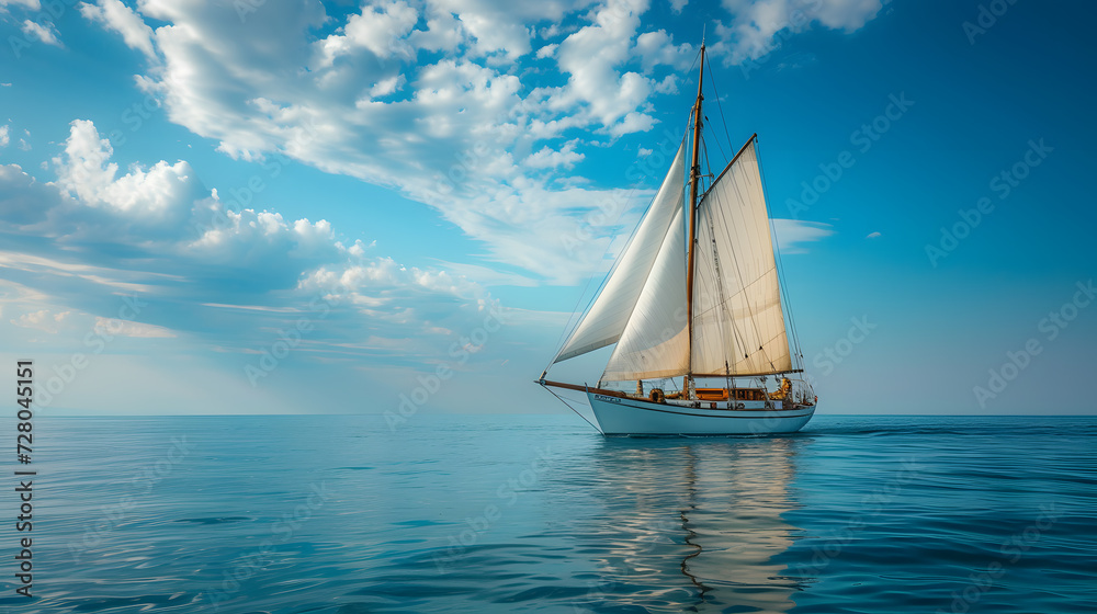 A photo of a sailboat, with azure waters as the background