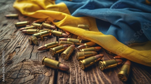 A Bunch of Bullet Shells on a Wooden Table in front of Ukrainian flag