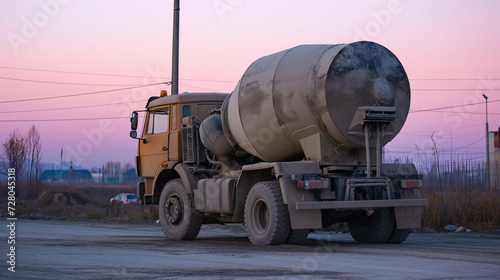 Twilight Construction Scene: Detailed View of a Concrete Mixer Truck Parked on a Dusty Road with a Pastel Sunset Sky in the Background