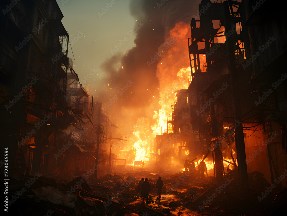 burning buildings in the sky and over a destroyed city