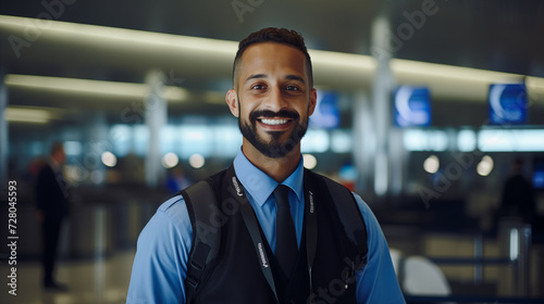 Handsome steward smiling and looking at the camera in an airport photo