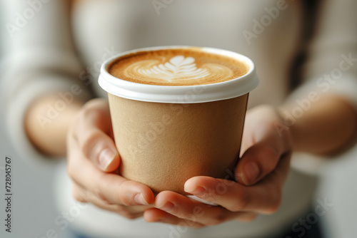 Woman serving coffee in disposable paper cup. Takeaway food.