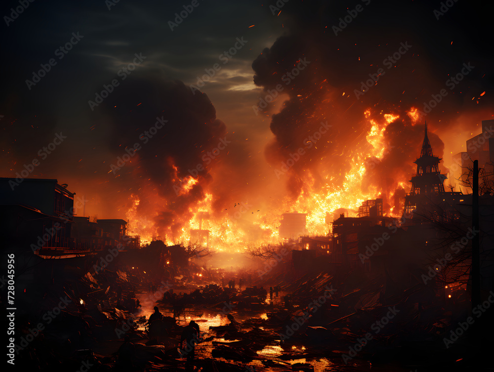 burning buildings in the sky and over a destroyed city