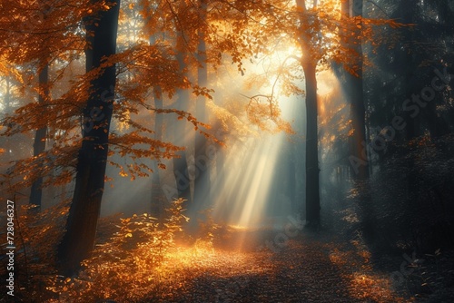 Magical autumn scenery in a dreamy forest, with rays of sunlight beautifully illuminating the wafts of mist and painting stunning colors into the trees