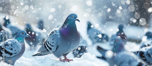 Wild Pigeons Braving Winter's Snowy Wonderland - Wild Pigeons, Winter, and Snow Gracefully Intersect in this Serene Winter Scene