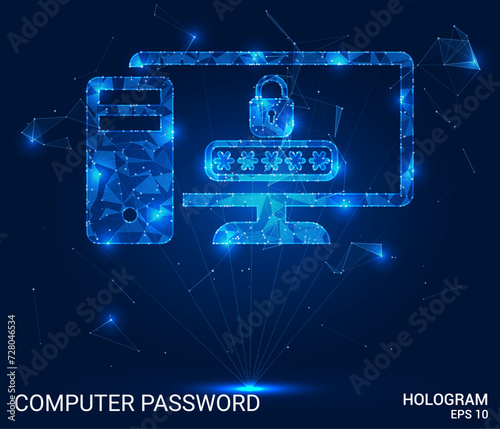 Futuristic Password Shield: Step into the holographic age of cybersecurity with this vector, showcasing a computer protected by a holographic password. Fortify your digital space.