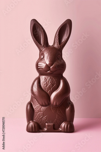 Chocolate Easter bunny isolated on pink background with copy space