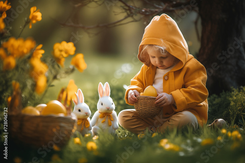 Glückliche Kinder an Ostern, Ostereier Suche an Ostern, ein warmes Osterfest im Frühling, Ostern in der Natur photo