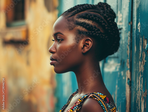 Young beautiful black woman with braids hairstyle, profile view