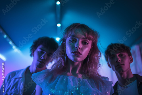 Gruppe junger Menschen beim feiern im Club, Zwei Männer und eine Frau in verrückten Klamotten auf einer skurrilen Party, futuristisch, neonlicht