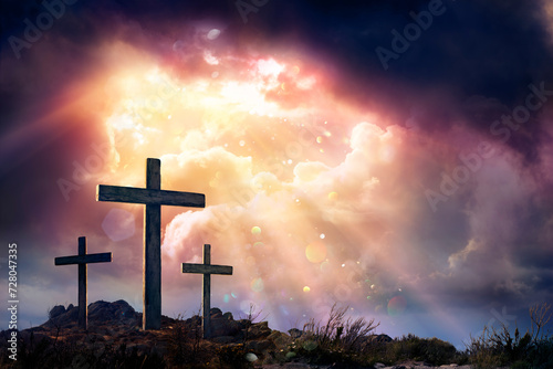 Resurrection - Crosses On Hill At Sunset - Abstract Glittering In The Sky And Vintage Colors Effects © Romolo Tavani