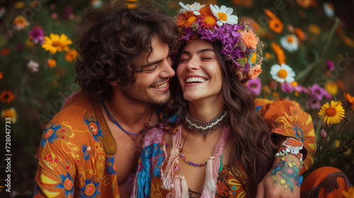 Happy, laughing young hippie couple, dressed in bright colored, psychedelic clothes in the style of 1970's