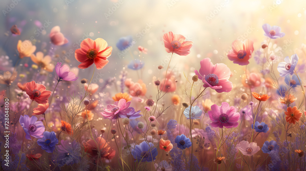 Enchanted field of colorful wildflowers in magical light Enchanted field of colorful wildflowers in magical light