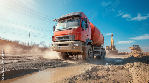 Industrial Construction Power: Red Cement Mixer Truck in Action on a Dusty Building Site with Heavy Machinery and Clear Blue Sky