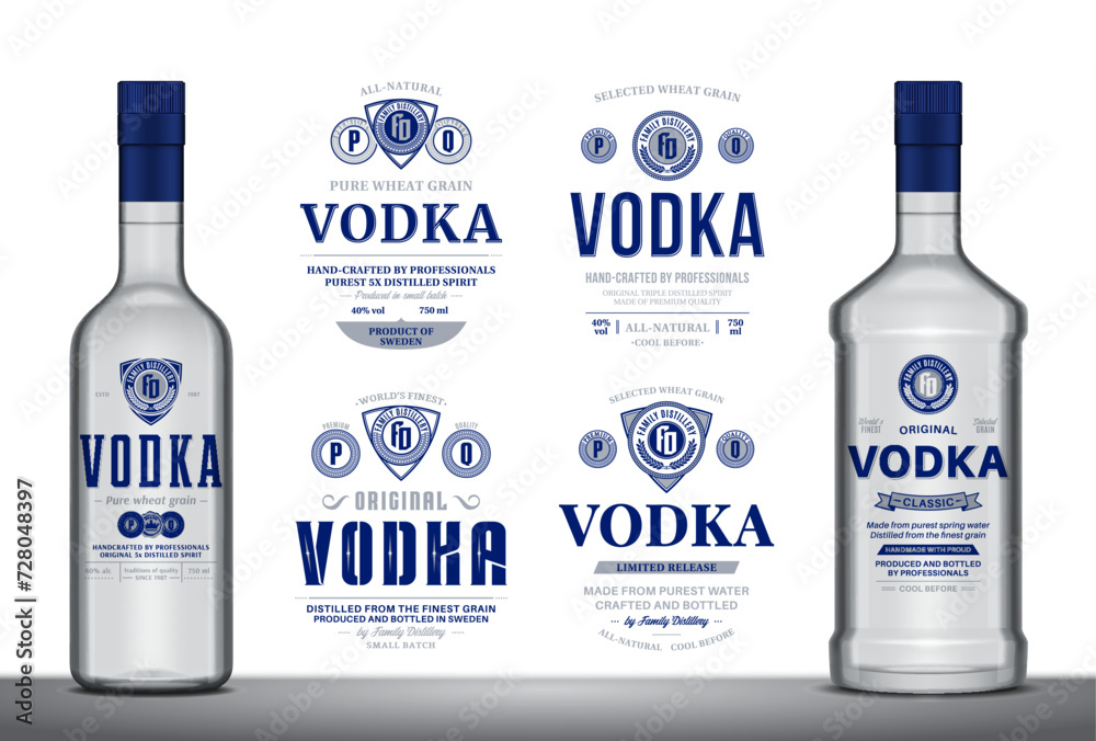 Vodka labels and bottle mockup templates. Distilling business branding and identity design elements - obrazy, fototapety, plakaty 
