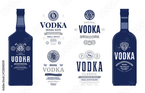 Vodka labels and bottle mockup templates. Distilling business branding and identity design elements