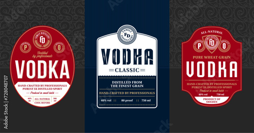 Vodka vintage labels and packaging design templates. Distilling business branding and identity design elements