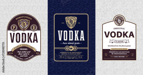 Vodka vintage labels and packaging design templates. Distilling business branding and identity design elements