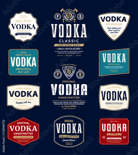 Vodka labels and packaging design templates. Vodka badges set. Distilling business branding and identity design elements