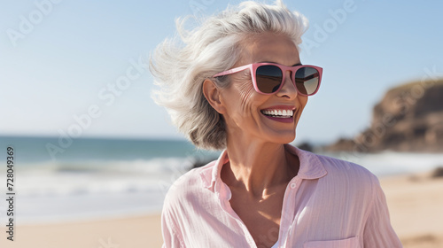 senior woman wearing sunglasses and laughing hat a beach