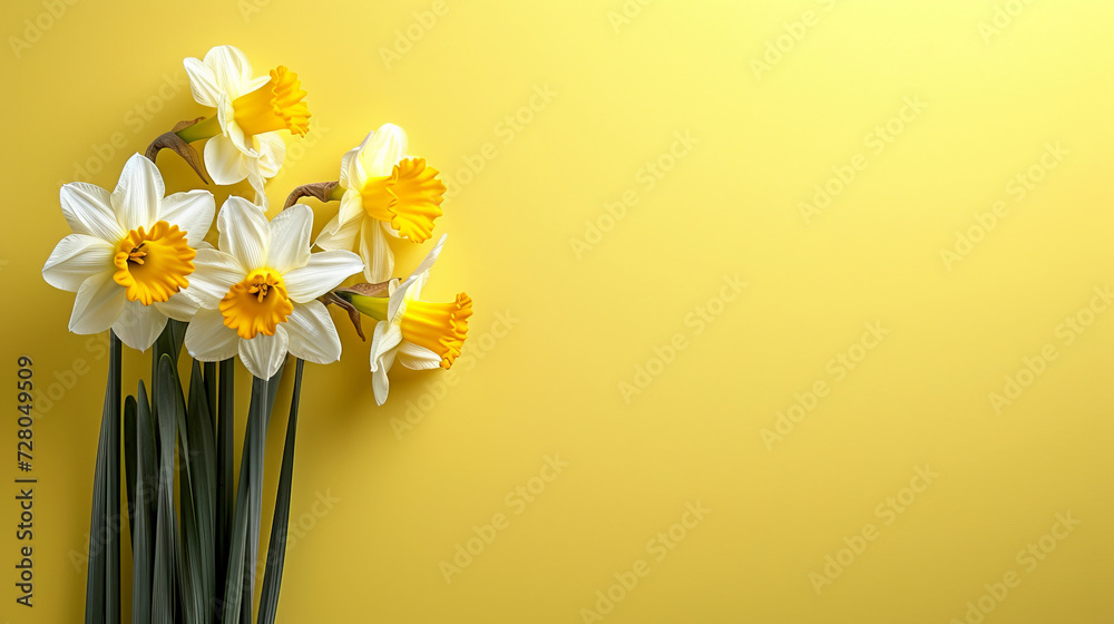 Garden flowers of daffodil on yellow background. Top-down view and copy space